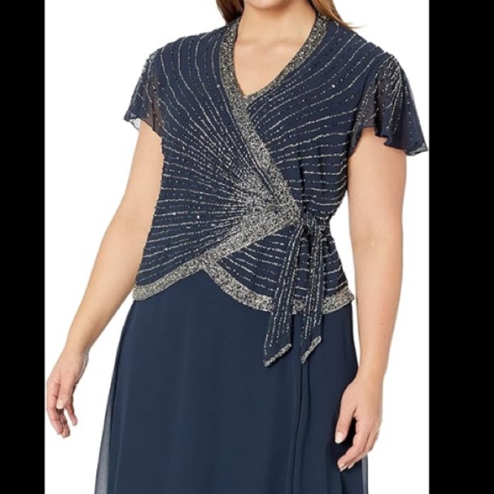 Nwt JKara  Navy Chiffon Embellished Evening Dress Gown - Picture 3 of 14